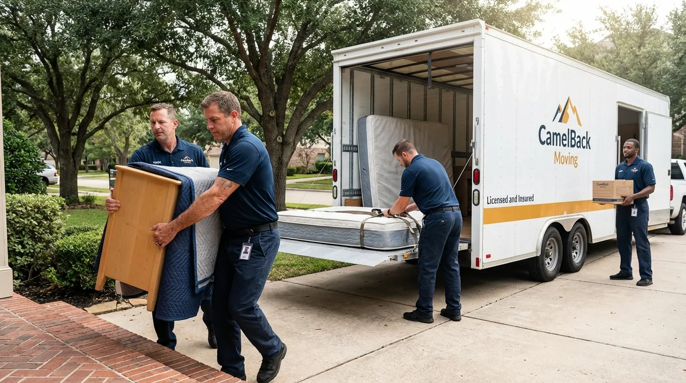 Crew loading residential truck for cross-state move from Portage, WI