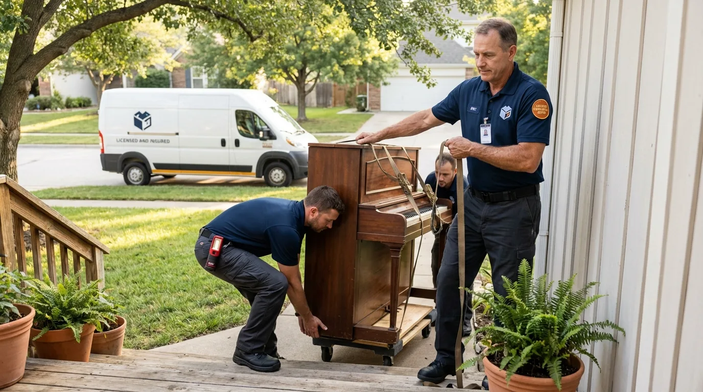 Licensed piano movers securing grand piano in Portage, WI