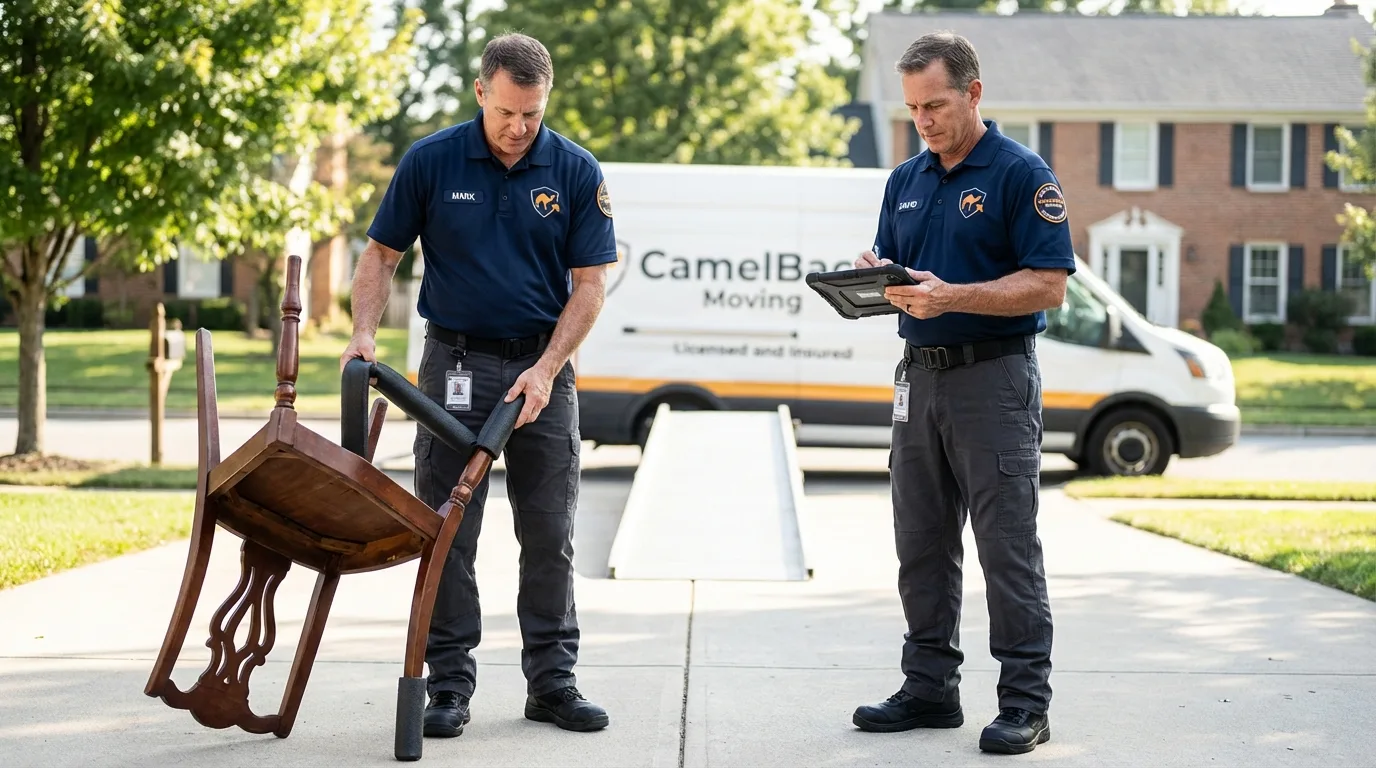 Movers inspecting furniture for damage prevention before loading in Portage, WI