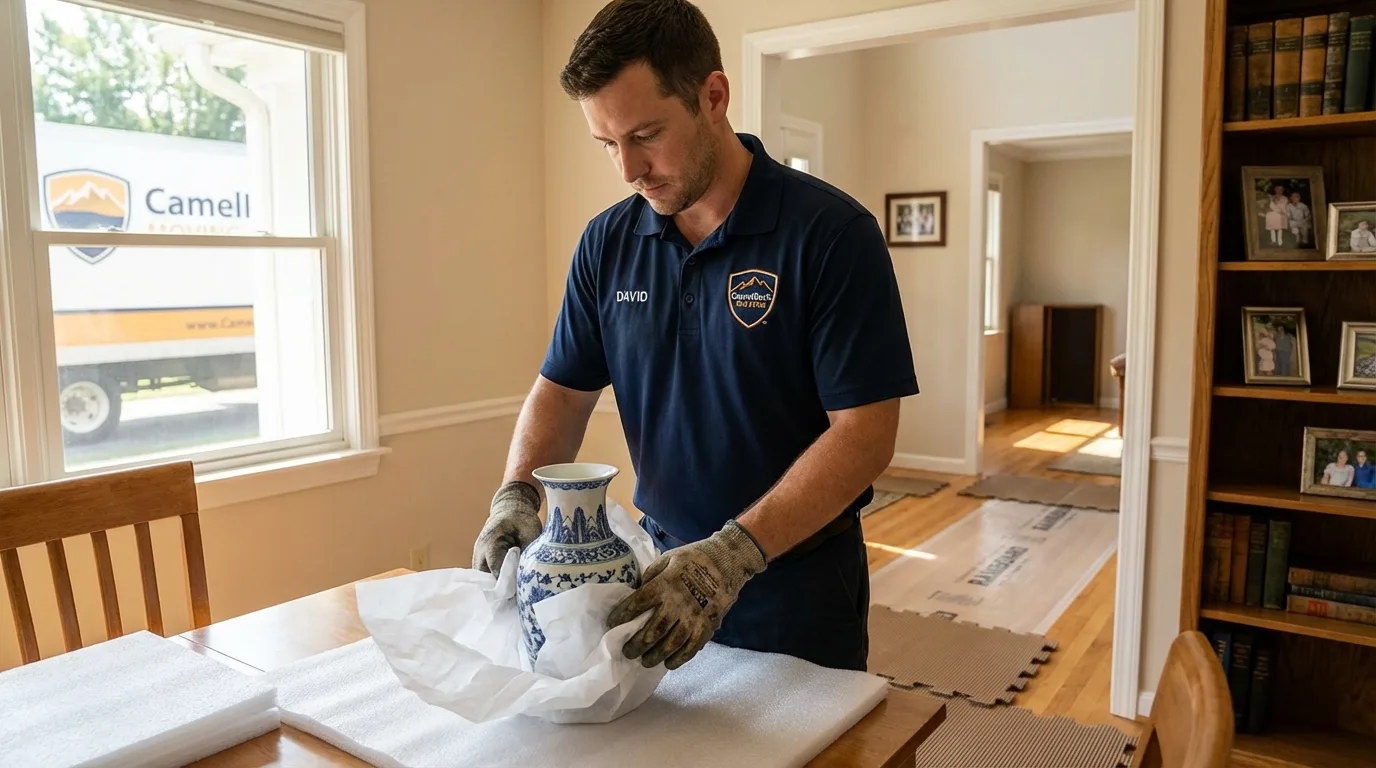 Professional crew carefully wrapping antique vase for senior downsizing move in Portage, WI