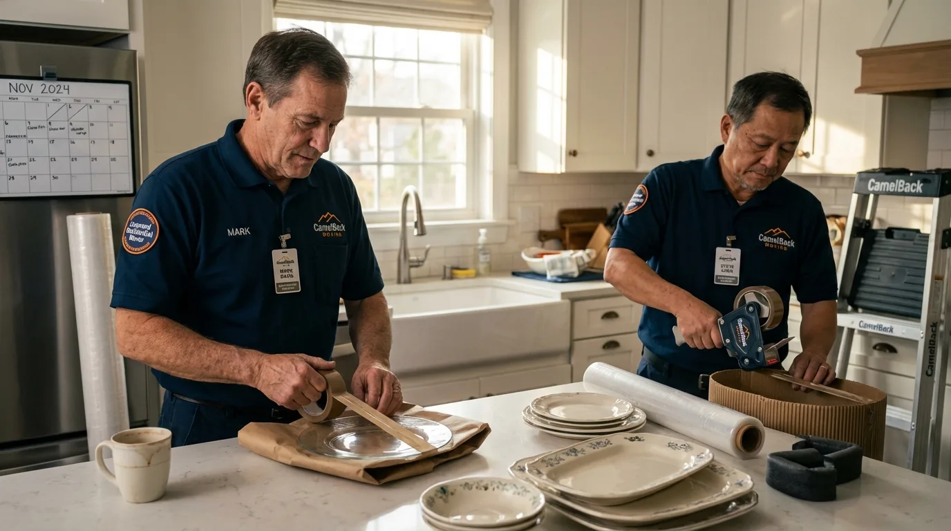 Professional crew packing kitchen dishware in Portage, WI